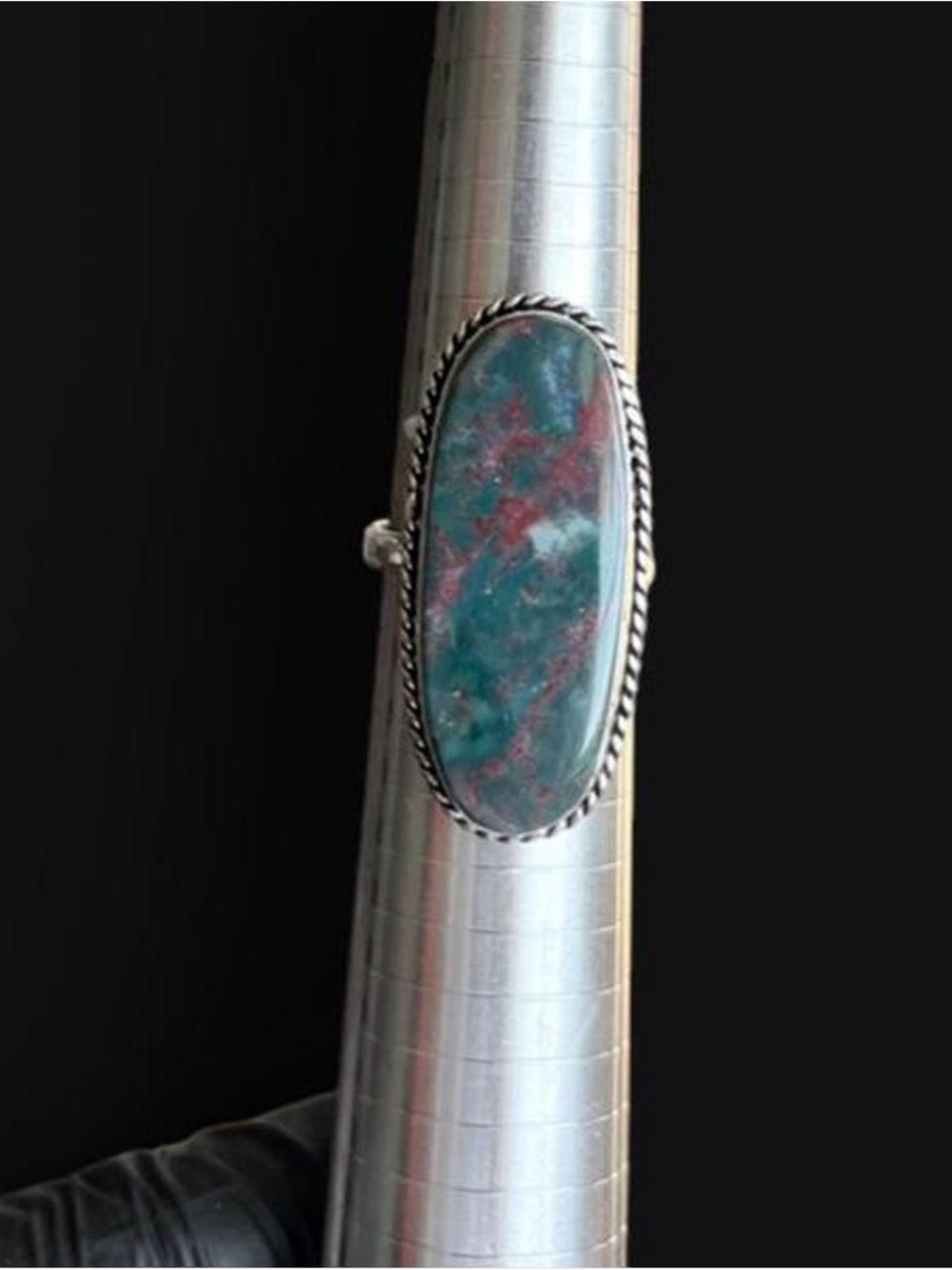 Sterling Silver Teardrop Chrysocolla Statement Ring - Blue-Green and Red Accents